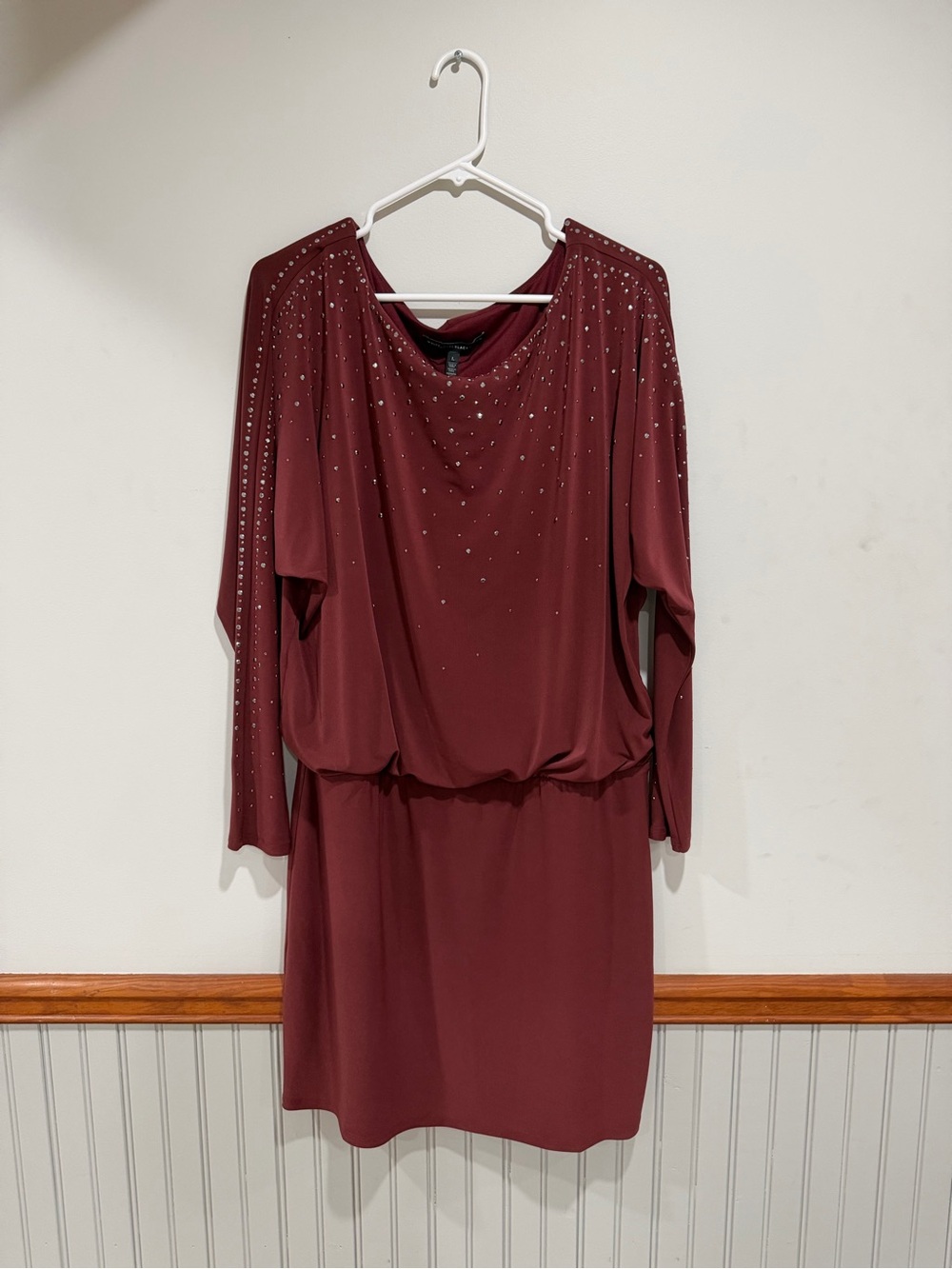 White House Black Market Embellished Long-Sleeve Draped Burgundy Dress